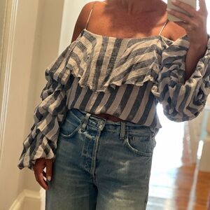 Misa Los Angeles Blue and Cream Striped Ruffle Blouse